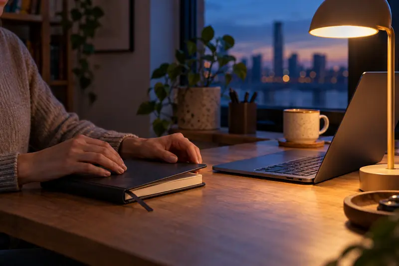 A notebook and laptop on a quiet desk beside a warm lamp at dusk
